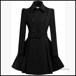 Wool Pea Coat with Belt Buckle Double Breasted Swing Coat